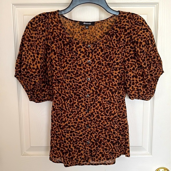 Madewell Animal Leopard Print Blouse Balloon Puff Sleeve Button Up Top Cotton - Picture 1 of 11